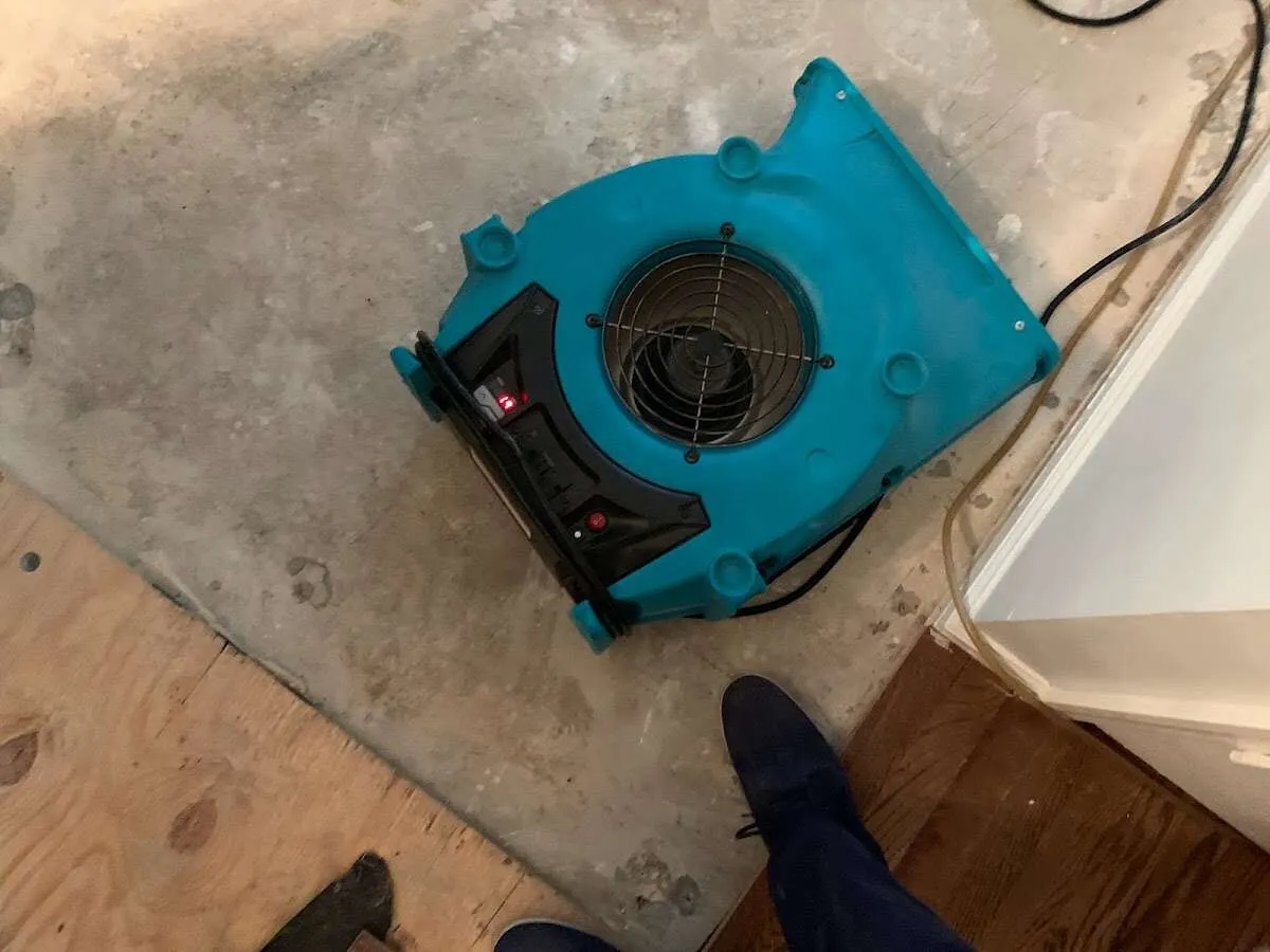 Air mover drying subfloor during Leak Detection & Repair in Kingston